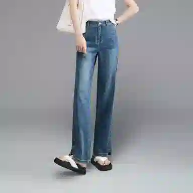 娅丽达 水洗高腰宽松阔腿休闲牛仔裤 女款 蓝色