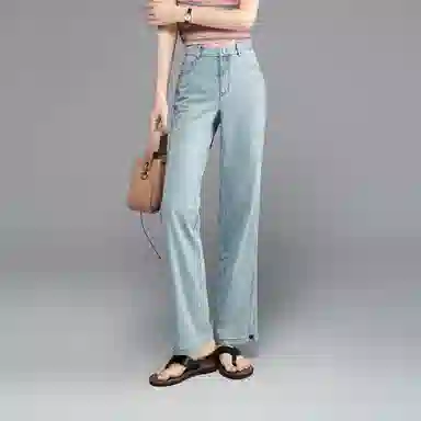 娅丽达 水洗高腰宽松阔腿休闲牛仔裤 女款 蓝色