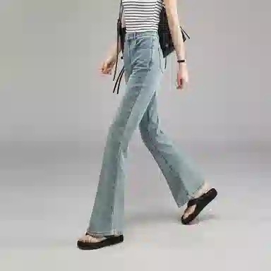 娅丽达 纯色高腰弹力马蹄喇叭牛仔裤 女款 蓝色