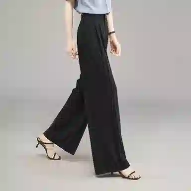 娅丽达 纯色拉链高腰薄款阔腿压褶垂坠休闲裤 女款 黑色