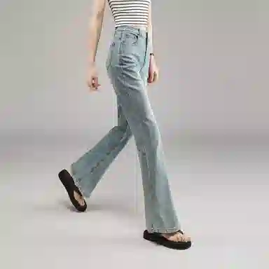 娅丽达 纯色高腰弹力马蹄喇叭牛仔裤 女款 蓝色