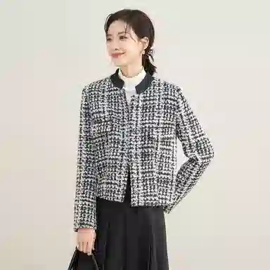 娅丽达 立领千鸟格小香风羊毛加厚夹克 女款 黑色