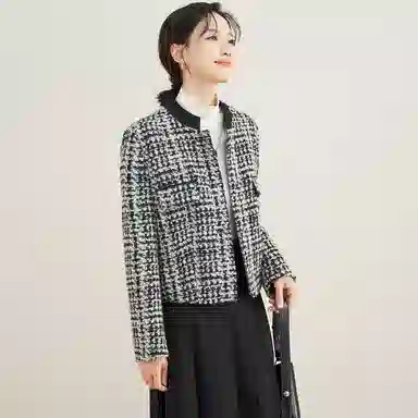 娅丽达 立领千鸟格小香风羊毛加厚夹克 女款 黑色