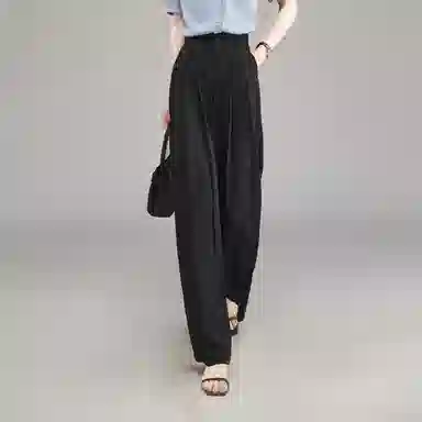 娅丽达 纯色拉链高腰薄款阔腿压褶垂坠休闲裤 女款 黑色