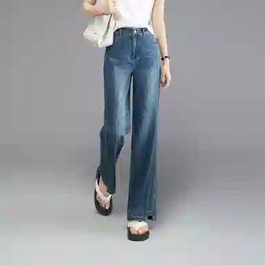 娅丽达 水洗高腰宽松阔腿休闲牛仔裤 女款 蓝色