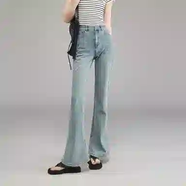 娅丽达 纯色高腰弹力马蹄喇叭牛仔裤 女款 蓝色