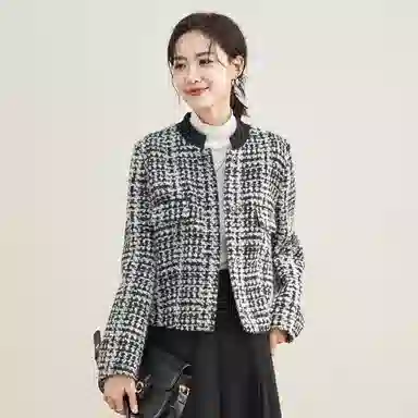 娅丽达 立领千鸟格小香风羊毛加厚夹克 女款 黑色