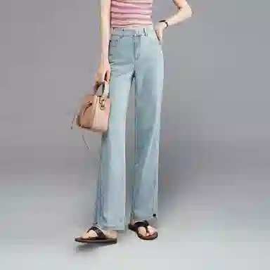 娅丽达 水洗高腰宽松阔腿休闲牛仔裤 女款 蓝色