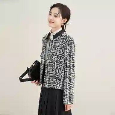 娅丽达 立领千鸟格小香风羊毛加厚夹克 女款 黑色