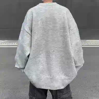 寻星记 美式提花复古高街纯色慵懒风趣味花体哥特字母御寒保暖打底衫街头痞帅潮流舒适百搭宽松休闲圆领落肩垂感直筒套头针织衫 男女同款