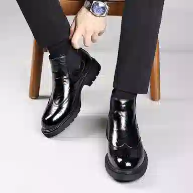 罗蒙 牛皮革 商务休闲 短筒 切尔西靴 男款 黑色