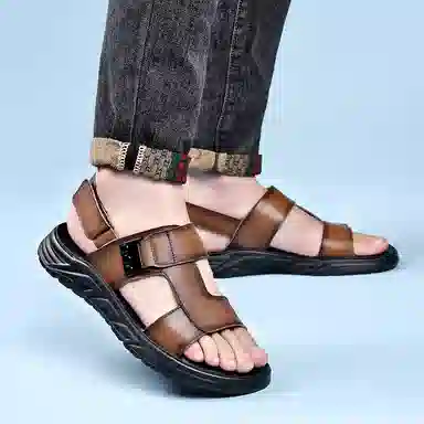 罗蒙 牛剖层革 舒适百搭 透气 沙滩凉鞋 男款