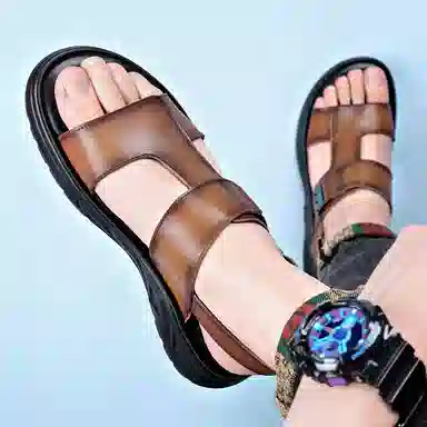 罗蒙 牛剖层革 舒适百搭 透气 沙滩凉鞋 男款