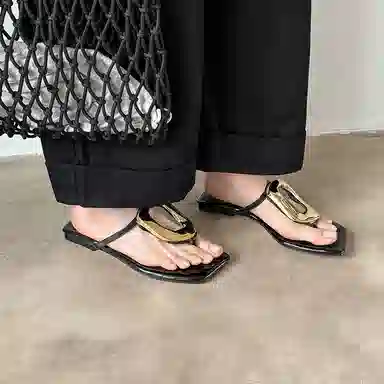 蛋卷鞋 牛皮 时尚小众潮流百搭舒适 橡胶底 静音人字拖鞋 女 黑色