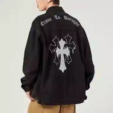 寻星记 美式复古高街风十字架水洗做旧翻领工装牛仔外套 男女同款