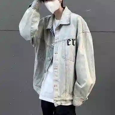 寻星记 美式复古高街风十字架水洗做旧翻领工装牛仔外套 男女同款
