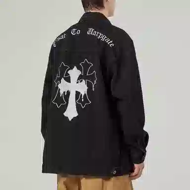 寻星记 美式复古高街风十字架水洗做旧翻领工装牛仔外套 男女同款