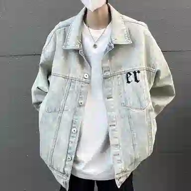 寻星记 美式复古高街风十字架水洗做旧翻领工装牛仔外套 男女同款