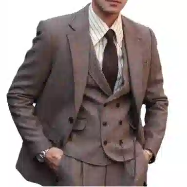 大格子与黑猫 复古英伦雅痞咖啡色浴血黑帮风羊毛粗花呢人字纹休闲修身外套西装 男款