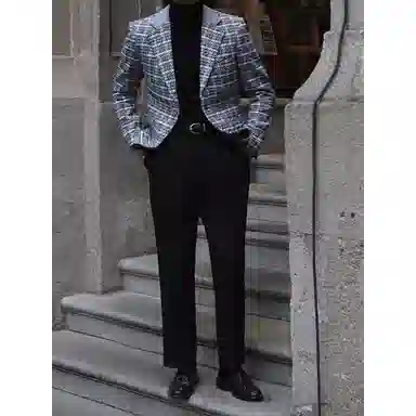 大格子与黑猫 英伦时髦秋冬厚款拼接小香风羊毛混纺保暖复古休闲修身外套西装 男款