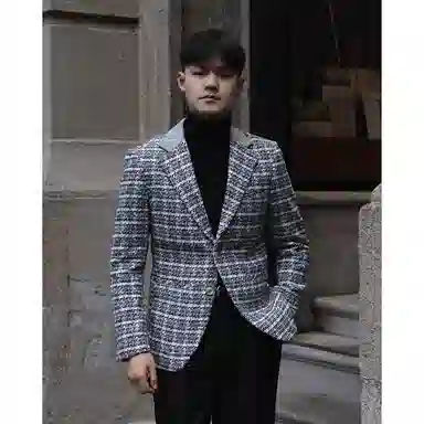 大格子与黑猫 英伦时髦秋冬厚款拼接小香风羊毛混纺保暖复古休闲修身外套西装 男款