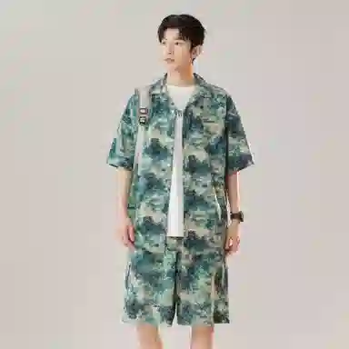 沐诚阳译 冰丝速干痞帅港风复古度假风穿搭情侣专属衬衫套装 活力夏日必备 男女同款 斯里兰卡绿调
