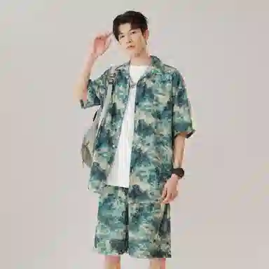 沐诚阳译 冰丝速干痞帅港风复古度假风穿搭情侣专属衬衫套装 活力夏日必备 男女同款 斯里兰卡绿调