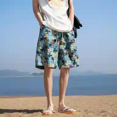 夏威夷满印中腰系带宽松直筒休闲短裤 男女同款