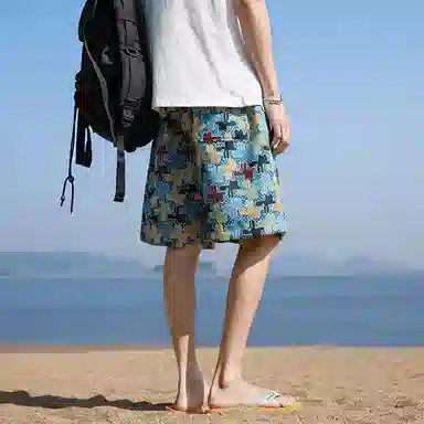 夏威夷满印中腰系带宽松直筒休闲短裤 男女同款