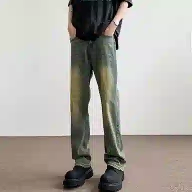 悍戈 美式废土风微喇 个性宽松弹力保暖性街头嘻哈宽松弹力高街百搭中腰垂坠柔软不硬水洗做旧黄泥染工装保暖加绒牛仔裤 男女同款