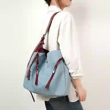 恒源祥 春季时尚百搭腋下包大气高级感真皮懒惰风百搭复古通勤 牛仔布 单肩包 常规 女款 蓝色配酒红/蓝色配粉色