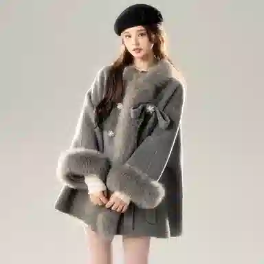 桴生 毛毛蝴蝶结气质休闲长袖毛呢大衣棉服 女款