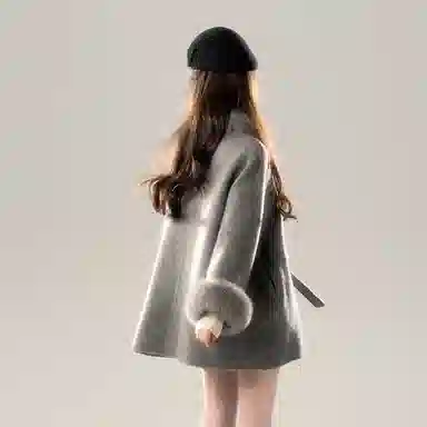 桴生 毛毛蝴蝶结气质休闲长袖毛呢大衣棉服 女款
