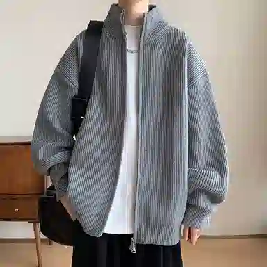悍戈 美式复古纯色慵懒休闲双拉链立领开衫针织衫 男款