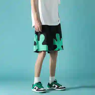 玉儿恋 美式街头简约基础款搞怪纯色小众卡通设计宽松训练跑步通勤五分印花休闲短裤 男女同款