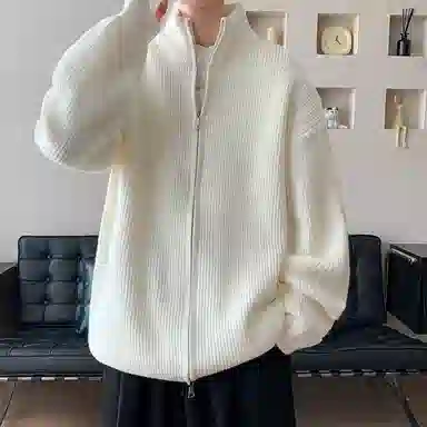 悍戈 美式复古纯色慵懒休闲双拉链立领开衫针织衫 男款