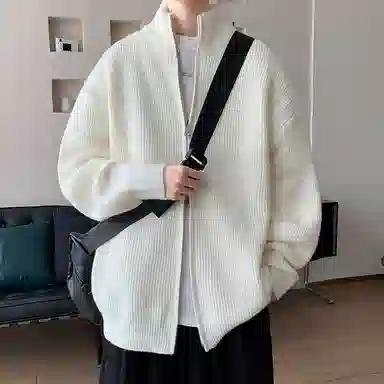 悍戈 美式复古纯色慵懒休闲双拉链立领开衫针织衫 男款
