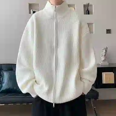 悍戈 美式复古纯色慵懒休闲双拉链立领开衫针织衫 男款