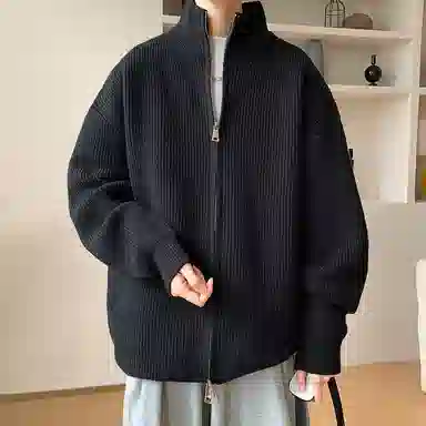 悍戈 美式复古纯色慵懒休闲双拉链立领开衫针织衫 男款