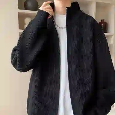 悍戈 美式复古纯色慵懒休闲双拉链立领开衫针织衫 男款