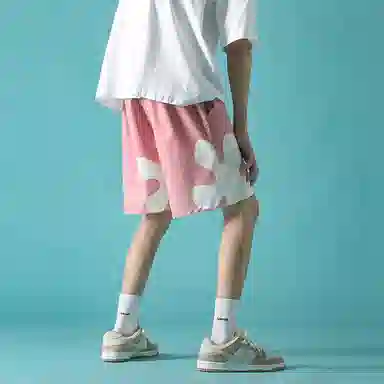 玉儿恋 美式街头简约基础款搞怪纯色小众卡通设计宽松训练跑步通勤五分印花休闲短裤 男女同款