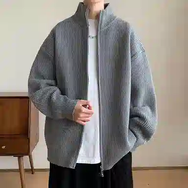 悍戈 美式复古纯色慵懒休闲双拉链立领开衫针织衫 男款