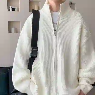 悍戈 美式复古纯色慵懒休闲双拉链立领开衫针织衫 男款