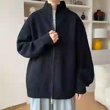 悍戈 美式复古纯色慵懒休闲双拉链立领开衫针织衫 男款