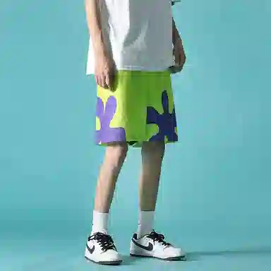 玉儿恋 美式街头简约基础款搞怪纯色小众卡通设计宽松训练跑步通勤五分印花休闲短裤 男女同款