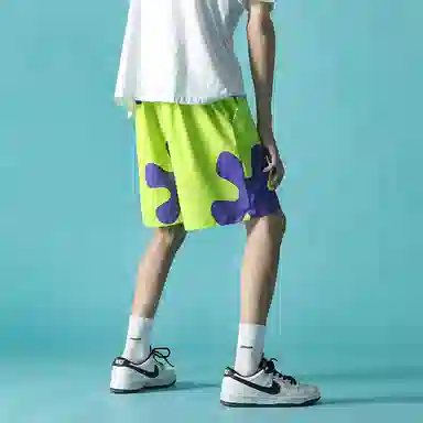 玉儿恋 美式街头简约基础款搞怪纯色小众卡通设计宽松训练跑步通勤五分印花休闲短裤 男女同款