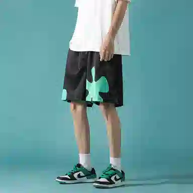 玉儿恋 美式街头简约基础款搞怪纯色小众卡通设计宽松训练跑步通勤五分印花休闲短裤 男女同款