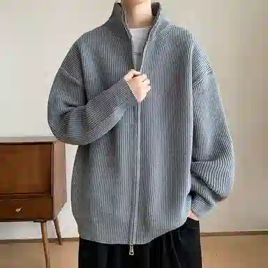 悍戈 美式复古纯色慵懒休闲双拉链立领开衫针织衫 男款