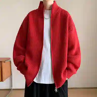 悍戈 美式复古纯色慵懒休闲双拉链立领开衫针织衫 男款