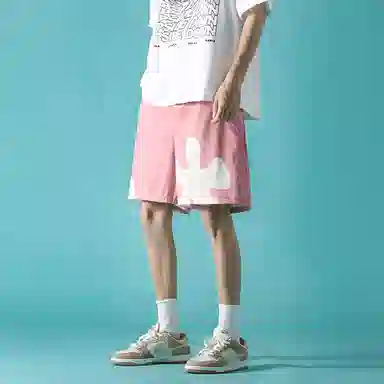 玉儿恋 美式街头简约基础款搞怪纯色小众卡通设计宽松训练跑步通勤五分印花休闲短裤 男女同款